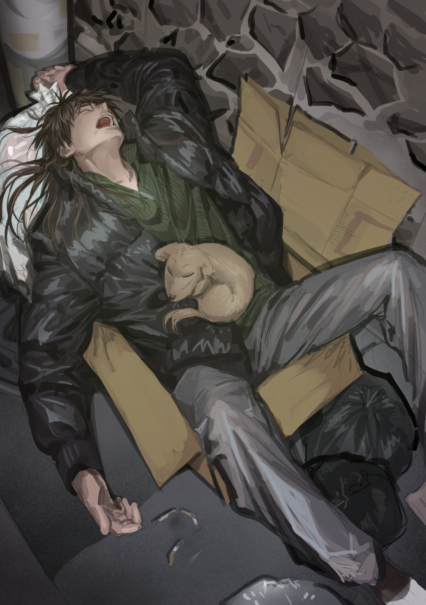 1boy absurdres black_coat box brown_hair cardboard_box chamuring cigarette closed_eyes coat cobblestone dog drooling feet_out_of_frame green_sweater grey_pants highres itou_kaiji kaiji long_hair long_sleeves male_focus open_mouth pants puffy_coat sleeping solo sweater trash trash_bag zipper