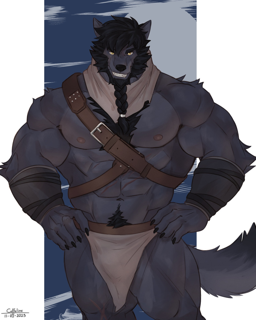 anthro armor big_muscles black_hair body_hair bottomwear bracers canid canine canis chest_hair claws clothing coffeline fur grey_body grey_fur grin hair hands_on_hips hi_res loincloth looking_at_viewer male mammal muscular muscular_anthro muscular_male neckerchief pecs pubes ronin_(innovator_aegis) scar shirtless smile solo standing were werecanid werecanine werewolf wolf yellow_eyes