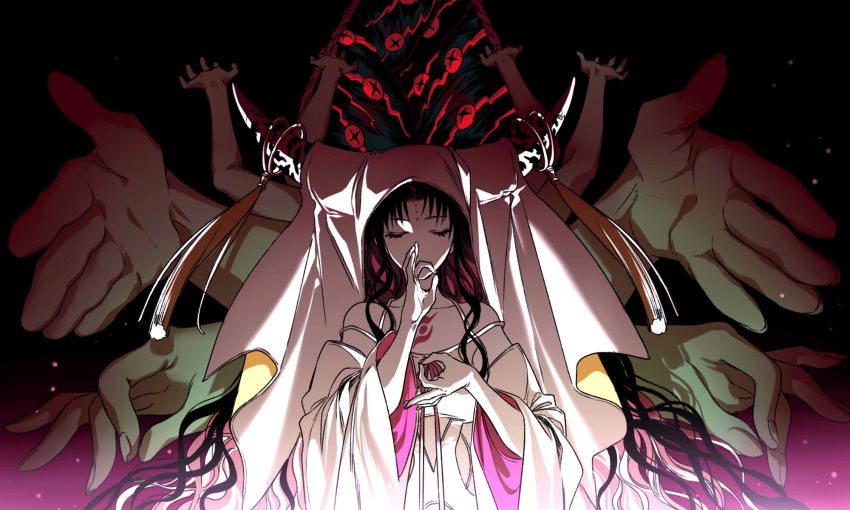 1girl black_hair black_horns breasts camisole chest_tattoo closed_eyes commentary covered_mouth demon_pillar_(fate) detached_sleeves disembodied_limb easel_(dam0628) eyeball facial_mark facing_viewer fate/grand_order fate_(series) forehead_mark forehead_tattoo hands_up highres horn_ornament horn_ring horns long_hair long_sleeves medium_breasts mudra multicolored_hair parted_bangs pink_hair pink_horns pink_ribbon ribbon sessyoin_kiara solo_focus spaghetti_strap streaked_hair tassel tattoo two-tone_horns very_long_hair vitarka_mudra wavy_hair white_camisole white_sleeves white_veil wide_sleeves
