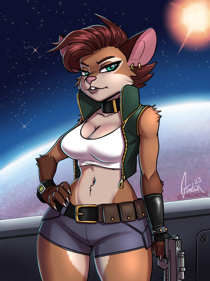 anthro atmosphere belt big_breasts bottomwear bracelet breasts choker cleavage clothed clothing countershading crop_top cropped_jacket ear_piercing female green_eyes gun hair hand_on_hip hi_res high_collar holding_gun holding_object holding_weapon hotpants jewelry linnea_araska looking_at_viewer mammal midriff murid murine navel necklace piercing planet pouches ranged_weapon rat red_hair rodent shirt shorts solo space star sun tank_top thegantian topwear weapon zipper