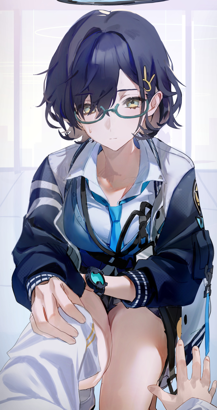 1boy 1girl absurdres black_hair blue_archive blue_necktie blush breasts chihiro_(blue_archive) closed_mouth collared_shirt flatshi glasses green-framed_eyewear green_eyes hair_between_eyes hair_ornament halo highres jacket large_breasts long_sleeves multicolored_clothes multicolored_jacket necktie rabbit_hair_ornament shirt short_hair two-tone_jacket watch white_shirt wristwatch