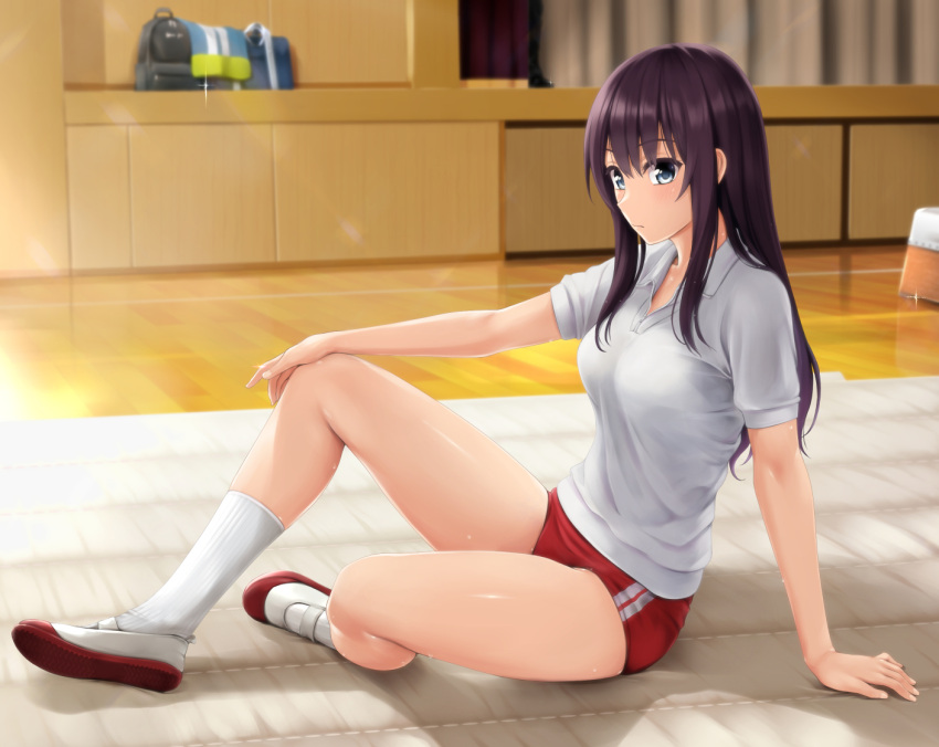 1girl black_hair blue_eyes blush breasts buruma closed_mouth commentary_request hair_between_eyes hand_on_own_knee long_hair medium_breasts nonaka_ritsu original red_buruma shirt shoes short_sleeves socks solo uwabaki vaulting_horse white_footwear white_shirt white_socks wooden_floor