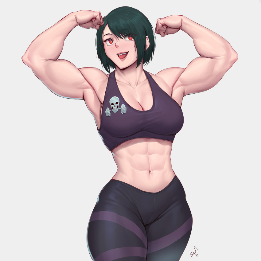 1girl abs absurdres barbell breasts cleavage fangs flexing green_hair highres muscular muscular_female original pants red_eyes skull solo speedl00ver tank_top thick_thighs thighs tight_clothes tight_pants