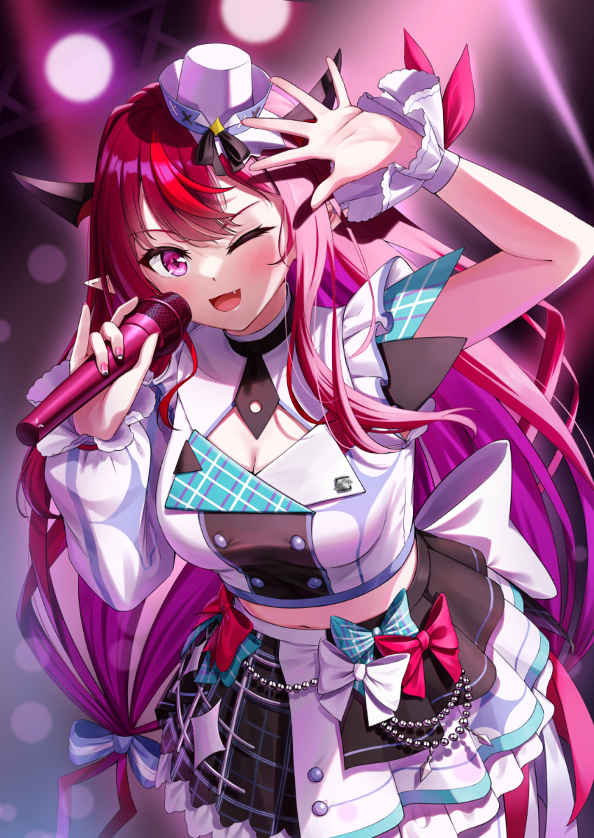 1girl black_nails bow breasts concert fang hair_bow highres holding holding_microphone hololive hololive_english hololive_idol_uniform_(bright) horns idol irys_(hololive) looking_at_viewer medium_breasts microphone multicolored_nails nail_polish navel official_alternate_costume one_eye_closed open_mouth pink_eyes pink_nails skyrail smile solo virtual_youtuber