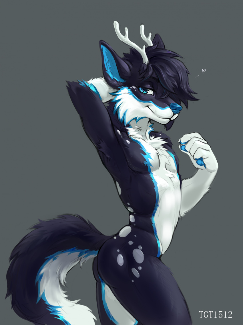 &lt;3 anthro black_body black_fur black_hair blue_body blue_eyes blue_fur blue_paws butt canid canine canis digital_media_(artwork) fingers fur hair hi_res horn looking_at_viewer male mammal nude simple_background solo spots tail tgt1512 white_body white_fur