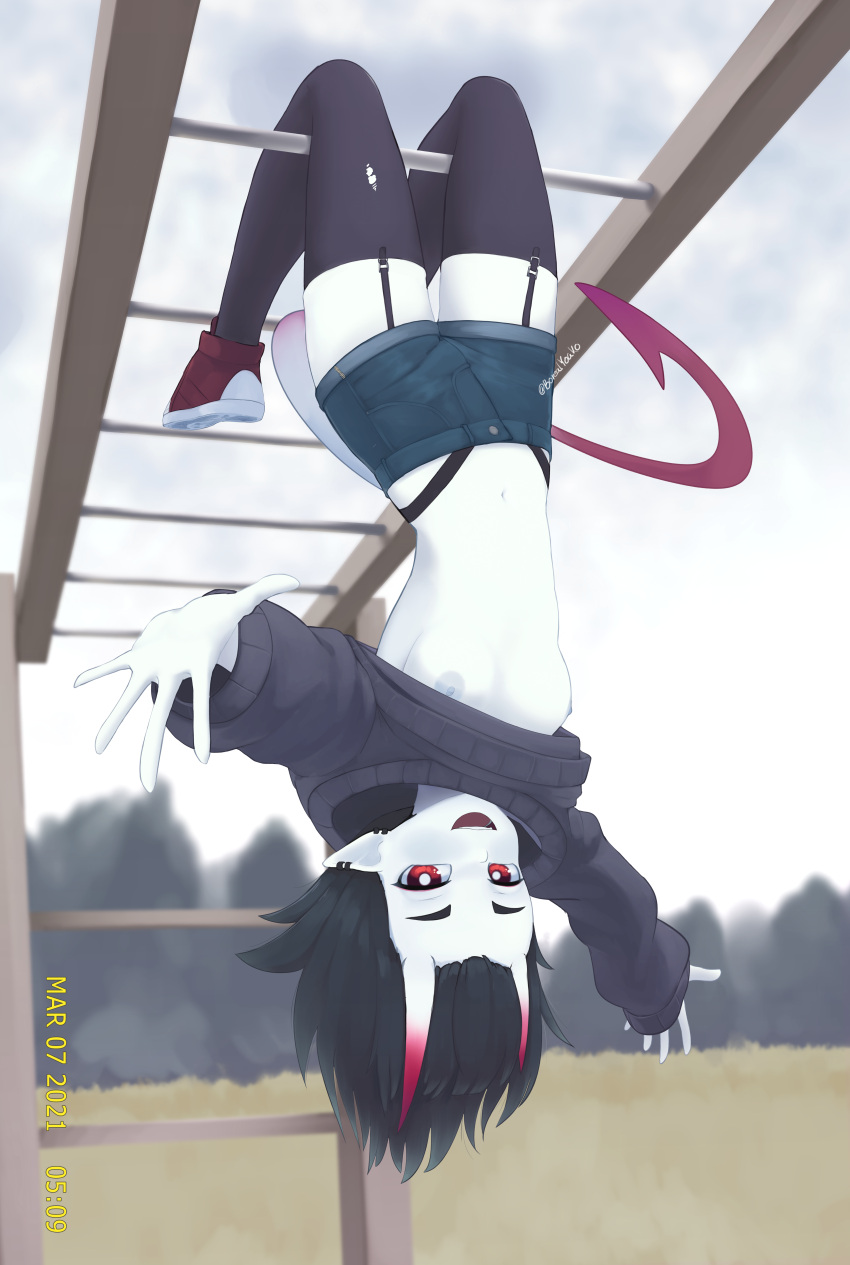 1girl :d absurdres black_hair black_sweater black_thighhighs blue_shorts blurry blurry_background breasts bright_pupils cloud cloudy_sky colored_nipples colored_skin dated day demon_tail depth_of_field ear_piercing earrings garter_straps gradient_horns grey_nipples highres horns jewelry looking_at_viewer medium_hair monkey_bars multicolored_horns navel nipples no_bra open_mouth original outdoors panty_straps piercing pointy_ears red_eyes red_footwear shoes short_shorts shorts skin-covered_horns sky small_breasts smile solo sweater tail thighhighs torn_clothes torn_thighhighs twitter_username upside-down wardrobe_malfunction white_pupils white_skin yoako