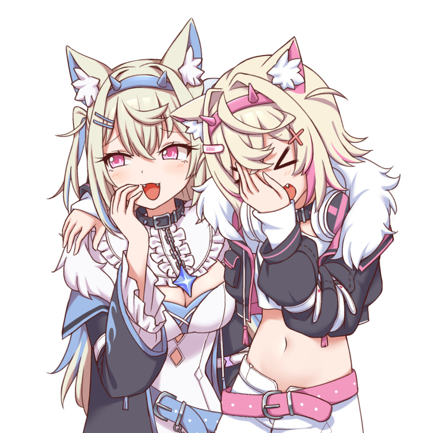 &gt;_&lt; 2girls :d animal_ear_fluff animal_ears arm_around_shoulder belt black_collar black_jacket blonde_hair blue_belt blue_hair blue_hairband breasts chain cleavage cleavage_cutout clothing_cutout collar commentary crop_top cropped_jacket cropped_shirt dog_ears dog_girl dress fangs frills fur-trimmed_jacket fur_trim fuwawa_abyssgard hair_ornament hairband hairclip highres hololive hololive_english jacket large_breasts long_hair looking_to_the_side medium_hair midriff mococo_abyssgard multicolored_hair multiple_girls navel open_mouth pink_belt pink_eyes pink_hair pink_hairband shirt short_hair siblings simple_background sisters smile spiked_collar spikes stomach streaked_hair twins two_side_up upper_body virtual_youtuber white_background white_dress white_shirt wool_(miwol) x_hair_ornament