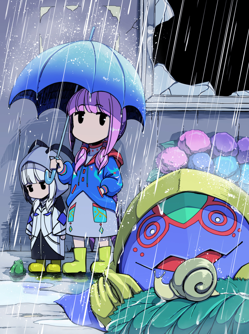 2girls arms_at_sides black_dress black_eyes blue_flower blue_jacket boots broken_window cevio chibi commentary creature day dress dual_persona fish flower frog full_body grey_dress hair_tubes height_difference highres holding holding_umbrella hood hood_down hood_up hydrangea jacket jitome kaf_(kamitsubaki_studio) kafu_(cevio) kamitsubaki_studio kyouyama_(kuromon) laplace_(kamitsubaki_studio) long_hair long_sleeves looking_at_animal looking_at_another looking_down low_twintails multiple_girls no_mouth outdoors pink_flower pink_hair puddle puffy_long_sleeves puffy_sleeves purple_flower rain raincoat rubber_boots shadow snail twintails umbrella virtual_youtuber white_hair white_jacket