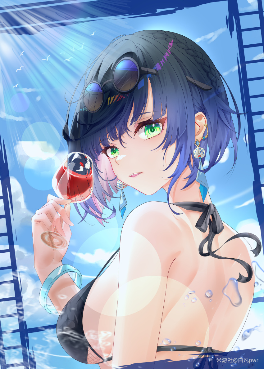 1girl absurdres alcohol alternate_costume back bai_fan_pwr bare_back bikini black-framed_eyewear black_bikini black_hair blue_hair blue_sky bob_cut bracelet breasts chinese_commentary cloud commentary_request cup day diagonal_bangs dice_earrings drinking_glass eyewear_on_head from_behind genshin_impact gradient_hair green_eyes halterneck highres holding holding_cup jewelry large_breasts looking_at_viewer looking_back multicolored_hair nape open_mouth short_hair sidelocks sky solo string_bikini sunglasses sunlight swimsuit upper_body water wine wine_glass yelan_(genshin_impact)
