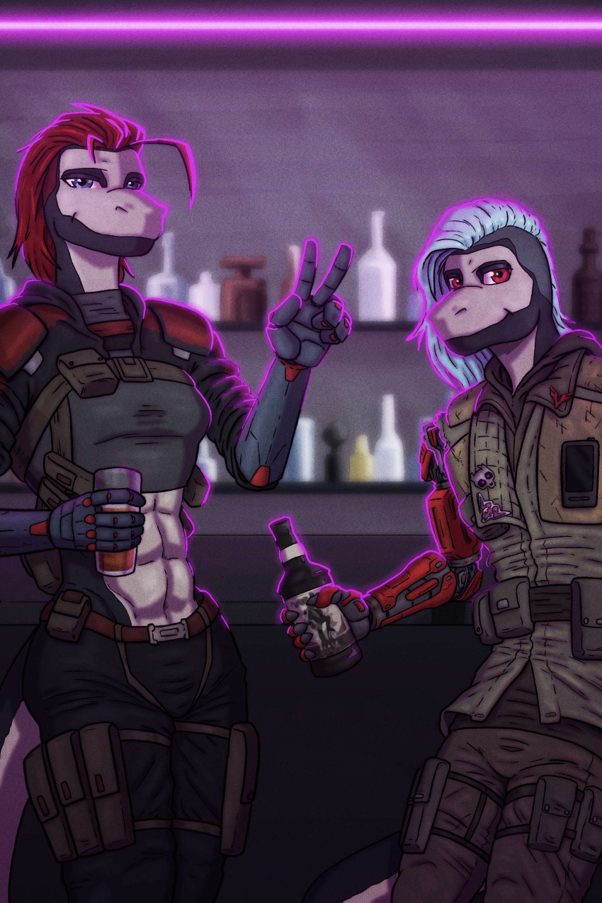 absurd_res alcohol anthro beverage captain_morgan cybernetic_arm cybernetic_limb cyberpunk duo female ghost_recon hi_res male male/female pencilsmith_artwork pose punk punk_hair reptile rum scalie shadowrun shaved_sides snake tactical_gear tom_clancy's_(series) tomboy ubisoft xira_decobray xiro_decobray