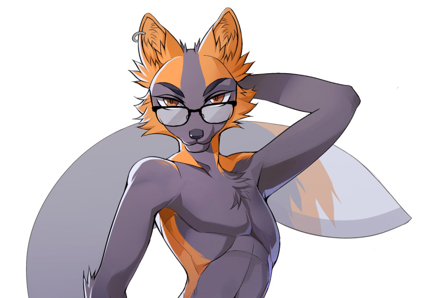 anthro arm_tuft canid chest_tuft ear_piercing ear_ring elbow_tuft eyewear fur glasses grey_body grey_fur half-length_portrait hand_behind_head hi_res looking_at_viewer male mammal mouth_closed orange_body orange_ears orange_eyes orange_fur orange_tail piercing portrait ring_piercing solo tail tuft unknowhiter wearing_glasses