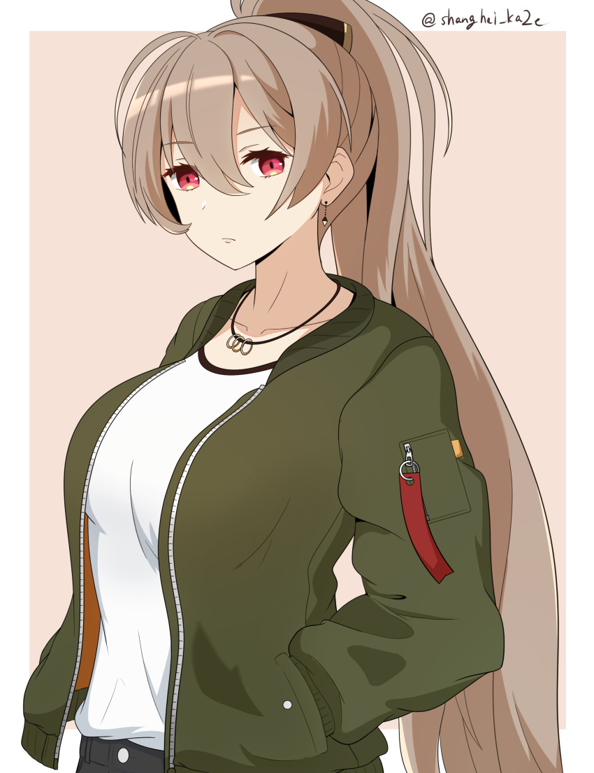 1girl absurdres alternate_costume artist_name azur_lane black_pants breasts brown_background brown_hair earrings hands_in_pockets highres jacket jean_bart_(azur_lane) jewelry long_hair long_sleeves looking_at_viewer medium_breasts open_clothes open_jacket pants ponytail red_eyes shanghai_kani shirt simple_background solo two-tone_background upper_body very_long_hair white_background white_shirt