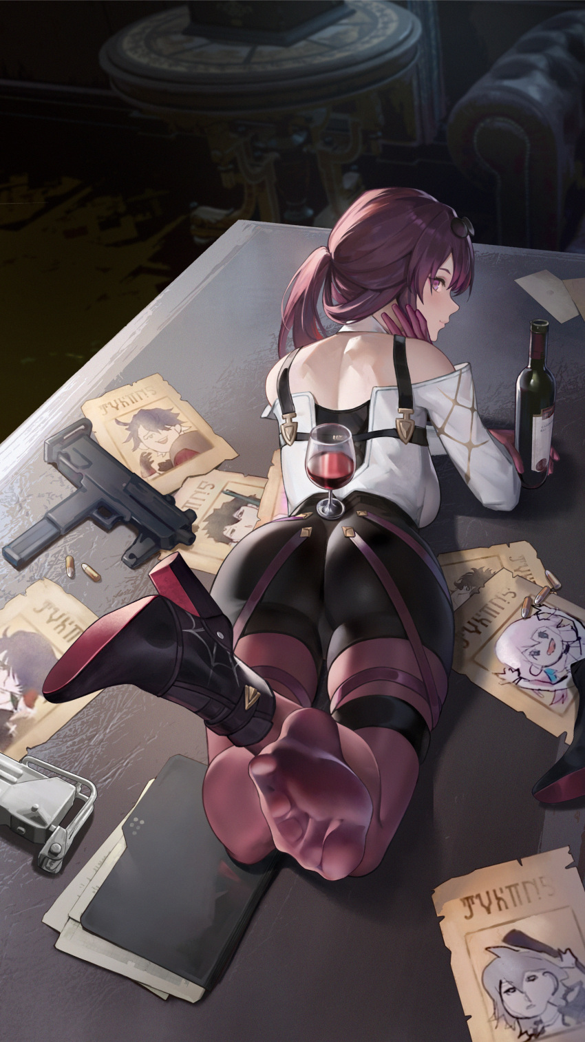 1girl absurdres ammunition arched_back arm_rest ass black_shorts boots bottle breasts cartridge chest_harness collared_shirt commentary crossed_ankles cup drinking_glass eyewear_on_head feet feet_up folder foot_focus foreshortening from_above from_behind full_body gloves gun harness high-waist_shorts high_heels highres honkai:_star_rail honkai_(series) kafka_(honkai:_star_rail) le_(huanglongen) legs long_hair long_sleeves looking_at_viewer looking_back lying mac-10/11 machine_gun machine_pistol medium_breasts no_shoes off-shoulder_shirt off_shoulder on_stomach on_table pantyhose pantyhose_under_shorts paper pince-nez poster_(object) profile purple_eyes purple_gloves purple_hair purple_pantyhose round_eyewear shirt shoe_soles shoes shoes_removed shorts sideways_glance single_boot single_shoe smile soles solo submachine_gun sunglasses table the_pose toes vertical_foregrip wanted weapon white_shirt wine_bottle wine_glass