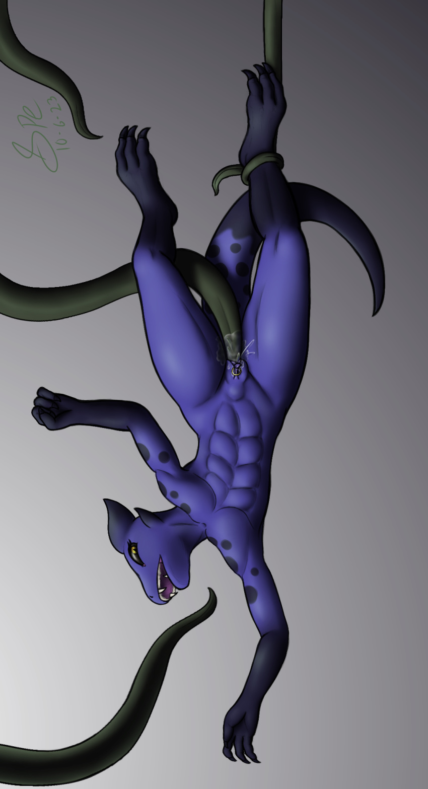 2023 3_toes 4_fingers abdominal_bulge abs anthro athletic athletic_anthro athletic_female big_clitoris big_tail black_sclera blue_body blue_clitoris blue_pussy bodily_fluids claws clitoral_hood clitoral_hood_piercing clitoral_hood_ring clitoris dated digital_drawing_(artwork) digital_media_(artwork) digitigrade ejaculation erect_clitoris eyelashes fangs feet female fingers flat_chested genital_fluids genital_piercing genitals hanging_by_feet hi_res horn kobold lazuli_(ruum) long_tail markings nude penetration piercing pupils pussy pussy_ejaculation pussy_ejaculation_while_penetrated pussy_juice scalie sex shaded signature slit_pupils soft_shading solo spe spots spotted_markings tail tapering_clitoris tapering_tail tapering_tentacles teeth tentacle_in_pussy tentacle_penetration tentacle_sex tentacles thick_tail thick_thighs toes upside_down vaginal vaginal_penetration wide_hips yellow_eyes
