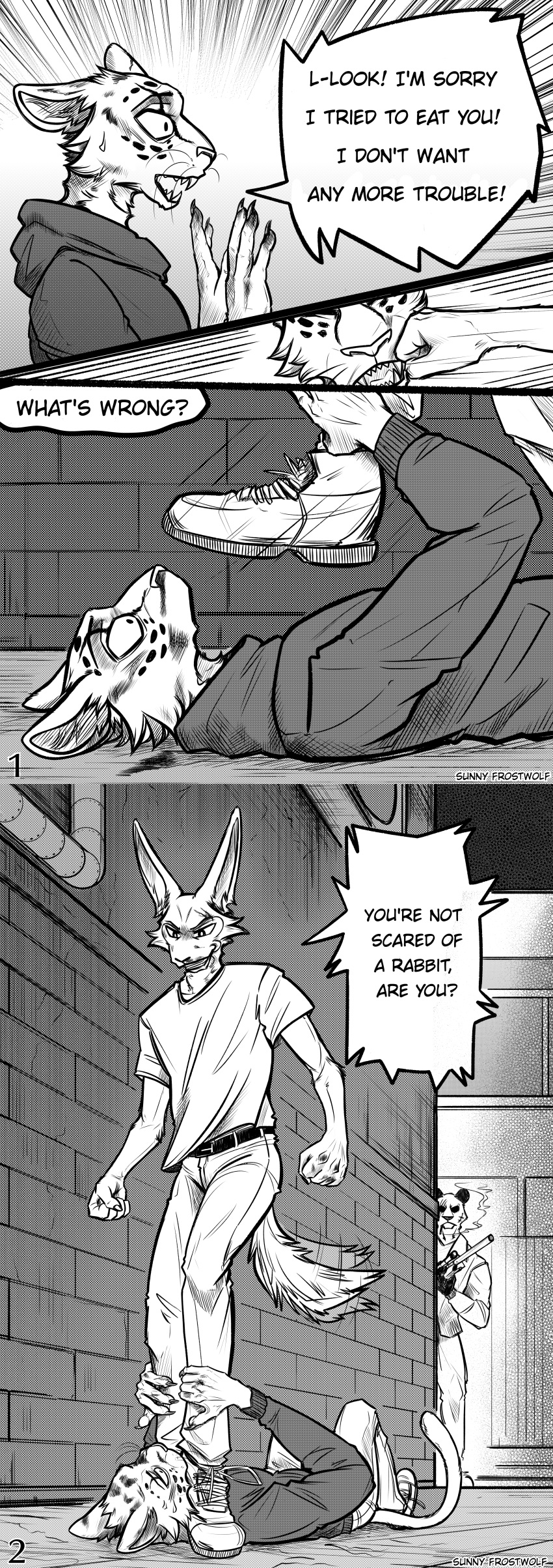 absurd_res anthro bear beastars blood blood_on_face bodily_fluids cheetah fan_character felid feline generic_character giant_panda gouhin_(beastars) grin group gun hi_res hybrid lagomorph lee_(greatlizardwizard) legoshi's_chimera_(beastars) leporid male mammal monochrome nosebleed rabbit ranged_weapon smile smoking sunny_frostwolf tail tail_motion tailwag tranquilizer trio violence weapon