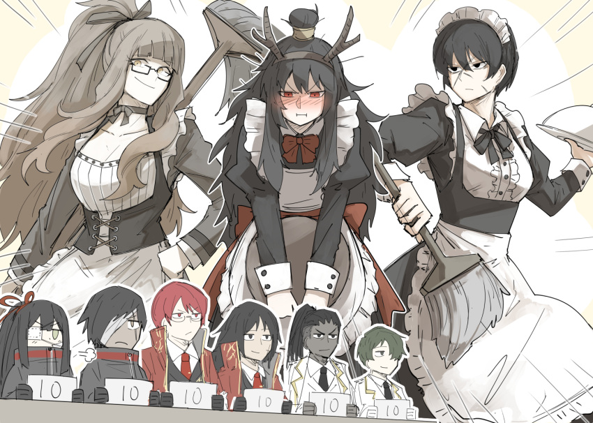 4girls 5boys :i =3 apron bandage_over_one_eye black-framed_eyewear black_eyes black_hair black_jacket black_necktie blush bow breasts buttons choker chun_(project_moon) cleavage coat collared_shirt corset embarrassed eyepatch fake_antlers glasses green_hair hair_bow hair_over_one_eye hand_on_hip harold_(project_moon) holding holding_tray jacket judge kankan33333 library_of_ruina light_brown_hair long_hair long_sleeves looking_down lowell_(library_of_ruina) maid maid_apron messy_hair mirinae_(project_moon) motion_lines multiple_boys multiple_girls necktie non-web_source olivier_(library_of_ruina) ponytail project_moon red_bow red_coat red_eyes red_hair red_necktie scar scar_on_face serious shirt short_hair simple_background smile tenma_(library_of_ruina) tie_clip tray valentin_(library_of_ruina) white_background white_jacket white_shirt xiao_(library_of_ruina) yellow_eyes yujin_(library_of_ruina)