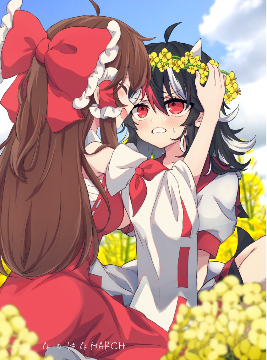 2girls :d absurdres black_hair blush bow breasts brown_hair chest_sarashi cloud cloudy_sky commentary_request dyed_bangs flower frilled_bow frilled_hair_tubes frills hair_bow hair_tubes hakama hakurei_reimu happy head_wreath highres holding horns japanese_clothes kijin_seija long_hair looking_at_another medium_breasts multicolored_hair multiple_girls natsu_(tohotiara) open_mouth red_bow red_eyes red_hair red_hakama red_skirt sarashi shirt short_sleeves sidelocks sitting skirt sky sleeveless sleeveless_shirt smile streaked_hair sweat touhou v-shaped_eyebrows white_hair yellow_flower