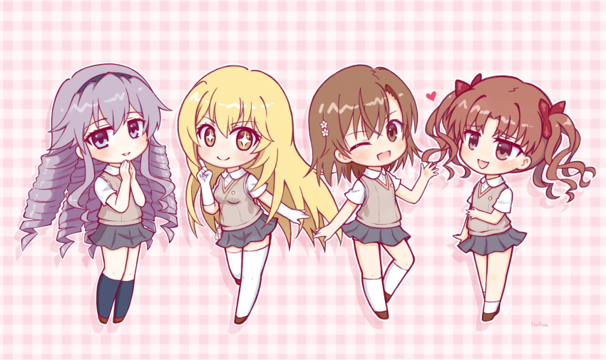 4girls arm_at_side artist_name astral_buddy asymmetrical_bangs black_hairband black_socks blonde_hair bow breasts brown_eyes brown_footwear brown_hair brown_vest chibi closed_mouth collared_shirt dress_shirt drill_hair elbow_gloves emblem flower full_body furrowed_brow gloves grey_skirt hair_between_eyes hair_flower hair_ornament hairband hand_up heart highres hokaze_junko index_finger_raised light_blush light_purple_hair linlica long_hair looking_at_another looking_at_viewer medium_breasts medium_hair miniskirt misaka_mikoto multiple_girls no_nose one_eye_closed open_mouth outline outstretched_arm own_hands_together parted_bangs pink_background purple_eyes red_bow red_eyes red_hair school_uniform shadow shirai_kuroko shirt shokuhou_misaki short_sleeves shorts shorts_under_skirt sidelocks simple_background skirt smile socks sparkling_eyes split_mouth standing straight_hair thighhighs toaru_kagaku_no_railgun toaru_majutsu_no_index tokiwadai_school_uniform twintails two-tone_background very_long_hair vest wavy_hair white_background white_gloves white_outline white_shirt white_shorts white_socks white_thighhighs yellow_eyes zettai_ryouiki