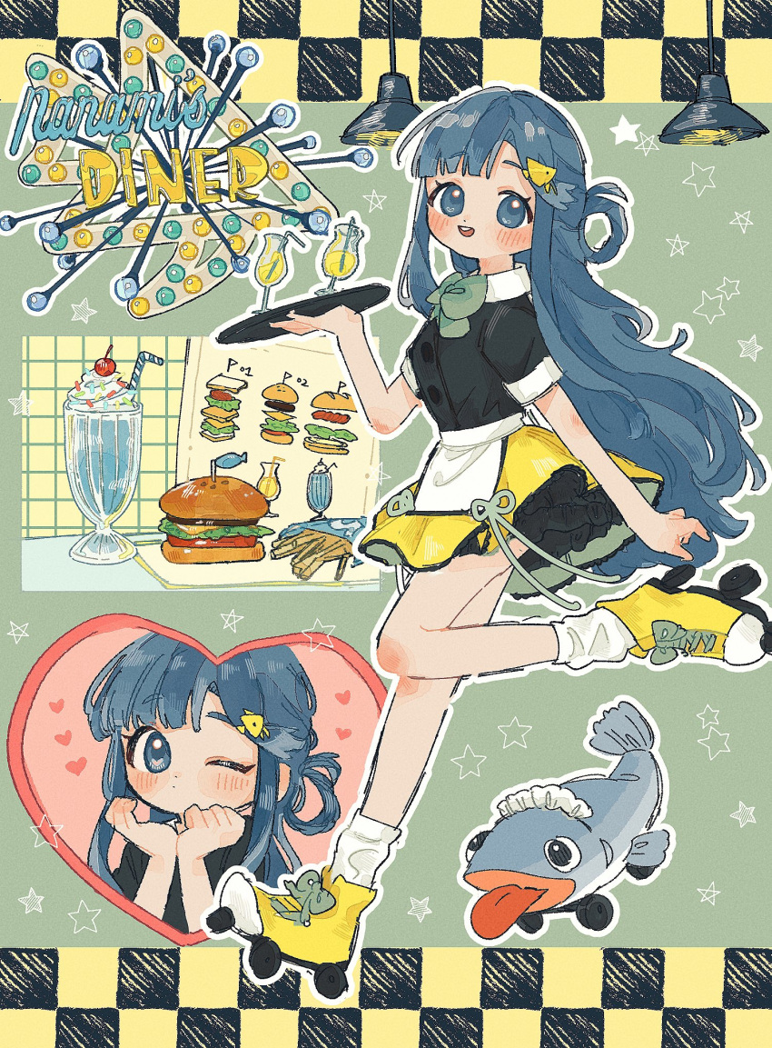 asari_nanami black_shirt blue_eyes blue_hair blush bow bowtie burger drink english_text eyelashes fish fish_hair_ornament food french_fries full_body green_bow green_bowtie guma_amam hair_ornament hair_rings heart highres idolmaster idolmaster_cinderella_girls idolmaster_cinderella_girls_starlight_stage lamp long_hair looking_at_viewer maid_headdress multiple_views one_eye_closed parfait puckered_lips roller_skates shirt sign skates skirt smile star_(symbol) starry_background teeth tile_wall tiles tongue tongue_out upper_teeth_only walking yellow_skirt