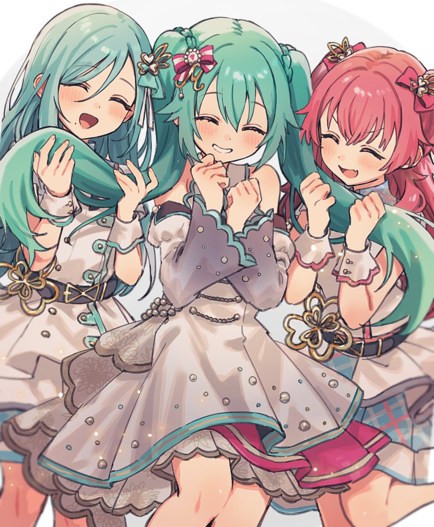 3girls ^_^ bare_shoulders belt black_belt blush buttons clenched_hand closed_eyes detached_sleeves double-breasted dress facing_viewer fang feet_out_of_frame gradient_sleeves green_hair grin hair_ornament hair_ribbon hands_up hatsune_miku highres hinomori_shizuku holding_another's_hair layered_dress long_hair long_sleeves matching_outfits momoi_airi multiple_girls official_alternate_costume open_mouth project_sekai puffy_long_sleeves puffy_sleeves red_hair ribbon sleeveless sleeveless_dress smile standing striped striped_ribbon twintails two_side_up uminokaisen vocaloid white_background white_dress wide_sleeves wrist_cuffs