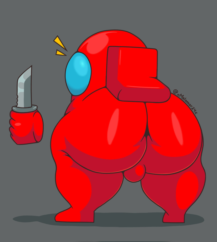 among_us backpack big_butt bodysuit bulge butt clothing digital_media_(artwork) disembodied_hand floating_hands grey_background hi_res holding_object holding_weapon humanoid impostor_(among_us) innersloth knife looking_back male melomor on_ground red_backpack red_body red_bodysuit simple_background skinsuit solo spacesuit standing thick_thighs tight_clothing weapon