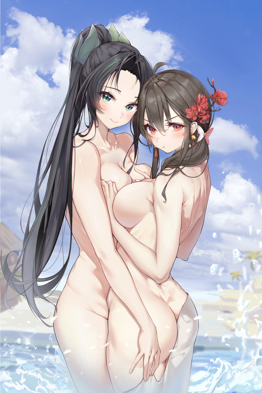 2girls absurdres ahoge ass black_hair blue_sky borrowed_character breasts closed_mouth cloud commentary_request day earrings flower green_eyes green_hair hair_flower hair_ornament highres jewelry large_breasts long_hair looking_at_viewer medium_breasts medium_hair multicolored_hair multiple_girls original outdoors palm_tree ponytail pout red_eyes red_flower sky smile standing streaked_hair tree vv-zz water