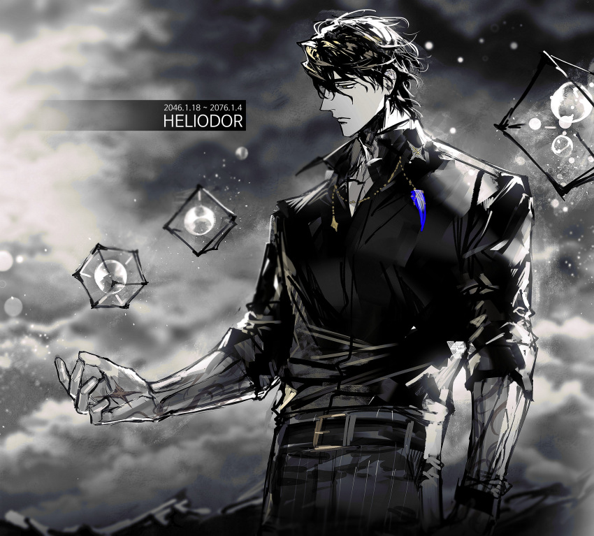 1boy absurdres belt black_belt black_hair black_pants black_shirt bracelet bubble closed_mouth cloud cloudy_sky collared_shirt cowboy_shot highres jewelry long_sleeves looking_to_the_side male_focus necklace original pants remsrar scar scar_on_hand shirt sky solo
