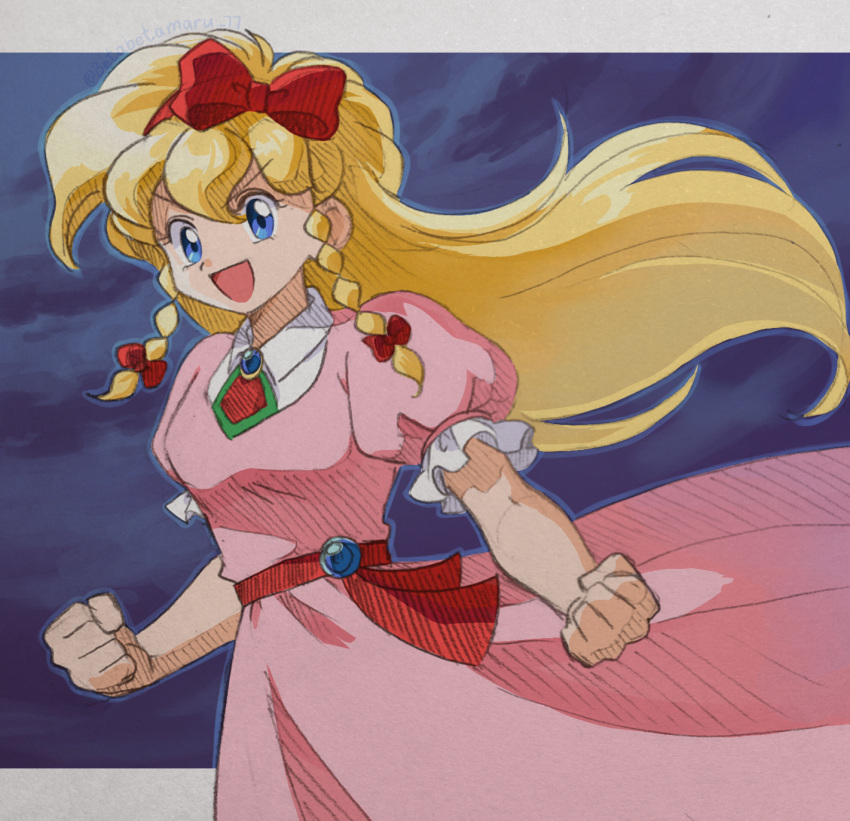 1girl betabetamaru blonde_hair blue_eyes bow braid breasts castlevania castlevania:_rondo_of_blood clenched_hands commentary_request dress graphite_(medium) hair_bow hairband hatching_(texture) highres long_dress long_hair low_twin_braids maria_renard medium_breasts mixed_media open_mouth puffy_short_sleeves puffy_sleeves red_bow red_hairband short_sleeves smile solo traditional_media twin_braids v-shaped_eyebrows very_long_hair