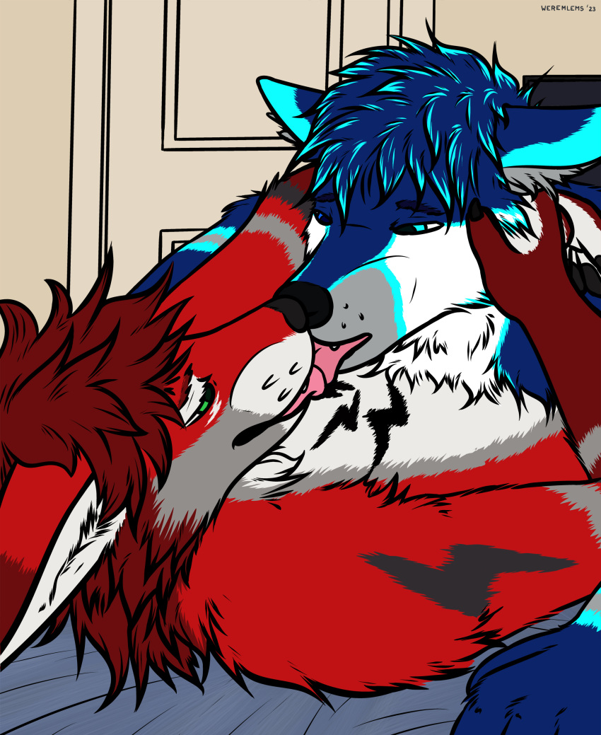 absurd_res anthro bed canid canine canis duo electro_wuff fox fur fur_markings furniture heterochromia hi_res hunter_folf hybrid inside kissing lying male male/male mammal markings on_back on_bed relationship romantic romantic_couple tongue tongue_out weremlems wolf