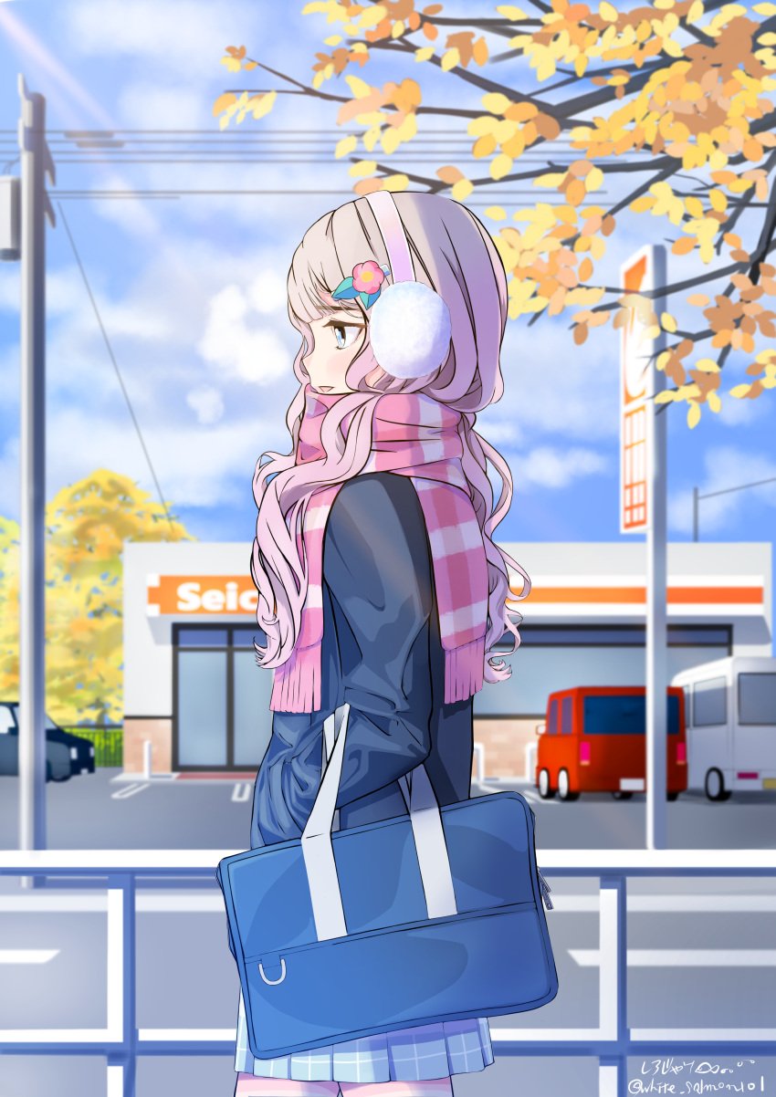 1girl absurdres autumn autumn_leaves bag blonde_hair blue_bag blue_eyes blue_jacket blue_skirt breath car checkered_clothes checkered_skirt cloud cloudy_sky cowboy_shot day earmuffs enpera flower from_side hair_flower hair_ornament hands_in_pockets highres jacket long_hair motor_vehicle open_mouth original outdoors pink_flower pink_scarf pleated_skirt profile railing road scarf school_bag school_uniform shiroziyake_o skirt sky smile solo striped striped_scarf transmission_tower tree van