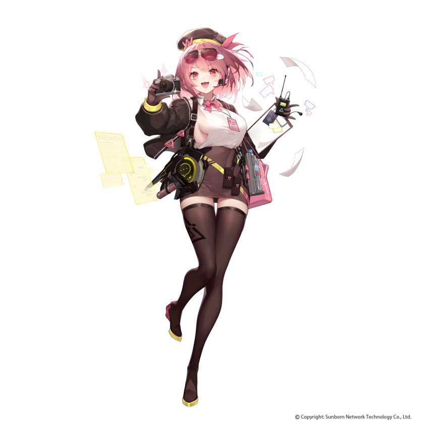 1girl absurdres bag black_jacket bottle bow bowtie breasts camera clipboard commentary_request copyright eyewear_on_head full_body girls'_frontline girls'_frontline_neural_cloud hair_ornament handbag hat headset highres holding holding_camera holding_clipboard hologram id_card jacket large_breasts looking_at_viewer medium_hair official_art open_mouth paper pink-tinted_eyewear pink_bow pink_bowtie red_eyes shanyao_jiang_tororo shirt sideboob skirt sleeveless sleeveless_shirt smile solo thighhighs tinted_eyewear water_bottle white_background white_shirt willow_(girls'_frontline_nc) zettai_ryouiki