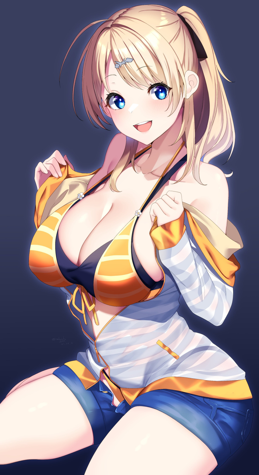 1girl absurdres bare_shoulders bikini blonde_hair blue_eyes breasts cleavage collarbone front-tie_top hachimiya_meguru hair_ornament hairclip hands_up highres hood hoodie idolmaster idolmaster_shiny_colors large_breasts layered_bikini long_hair long_sleeves looking_at_viewer nebusoku open_clothes open_hoodie open_mouth partially_unzipped ponytail short_shorts shorts sidelocks simple_background sitting smile solo striped striped_hoodie swept_bangs swimsuit undressing wariza