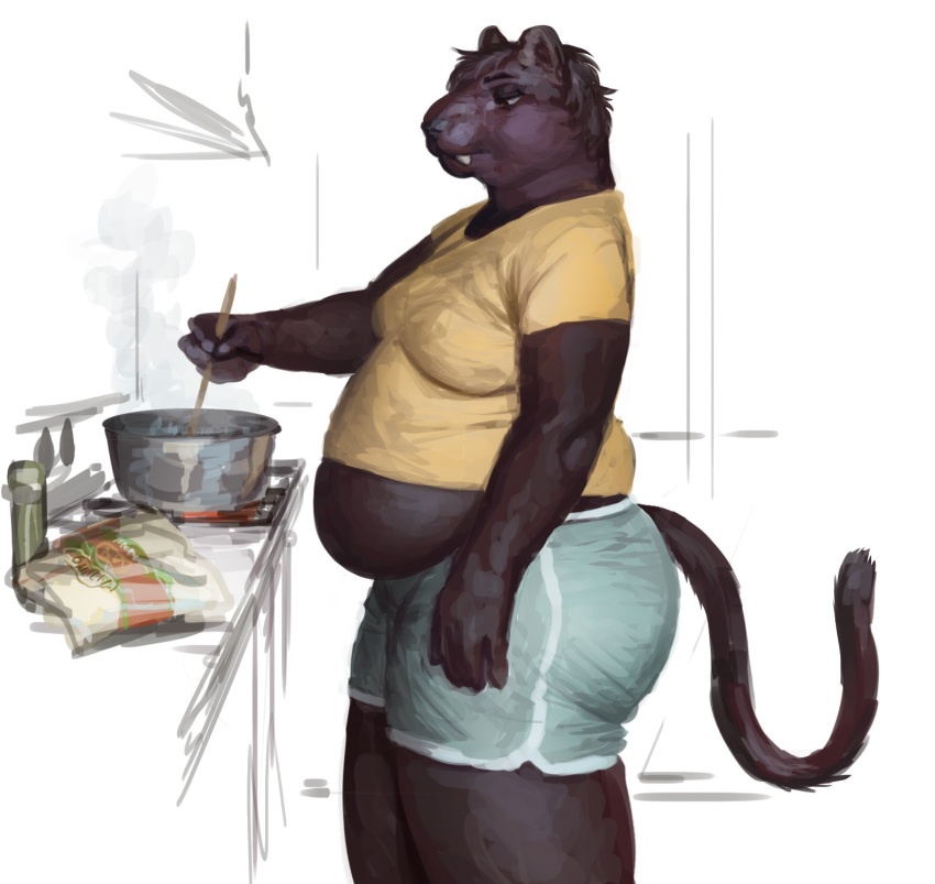 2023 anthro appliance bag belly belly_overhang big_belly black_body black_fur bottomwear cettus clothing cooking felid female food fur hi_res holding_object holding_tool holding_utensil inside kitchen kitchen_utensils mammal midriff overweight overweight_anthro overweight_female pantherine pants serafina_(cettus) shirt shorts sketch sketch_background solo standing stove tail teeth tools topwear
