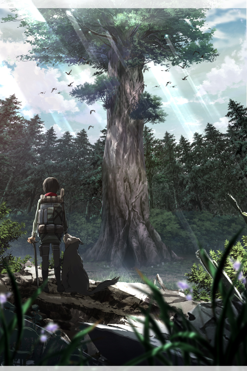 1girl absurdres backpack bag bird black_hair cane cave dog facing_away foreshortening forest giant_tree grass highres holding holding_cane mikasa_ackerman nature plant red_scarf scarf scenery shingeki_no_kyojin short_hair sky spoilers standing sunlight suzu_(mjje0txjdsyxovk) tree