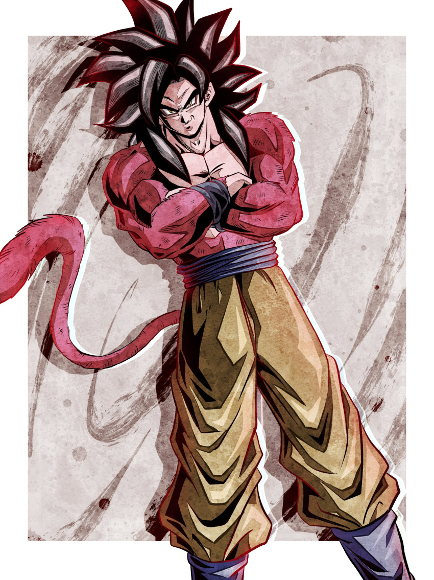 1boy absurdres biceps blue_sash blue_wristband body_fur closed_mouth crossed_arms dragon_ball dragon_ball_gt full_body highres looking_at_viewer male_focus monkey_boy monkey_tail muscular muscular_male pants pectorals red_fur saiyan sash simple_background smirk solo spiked_hair standing super_saiyan super_saiyan_4 tail ushi_(akabec0) wristband