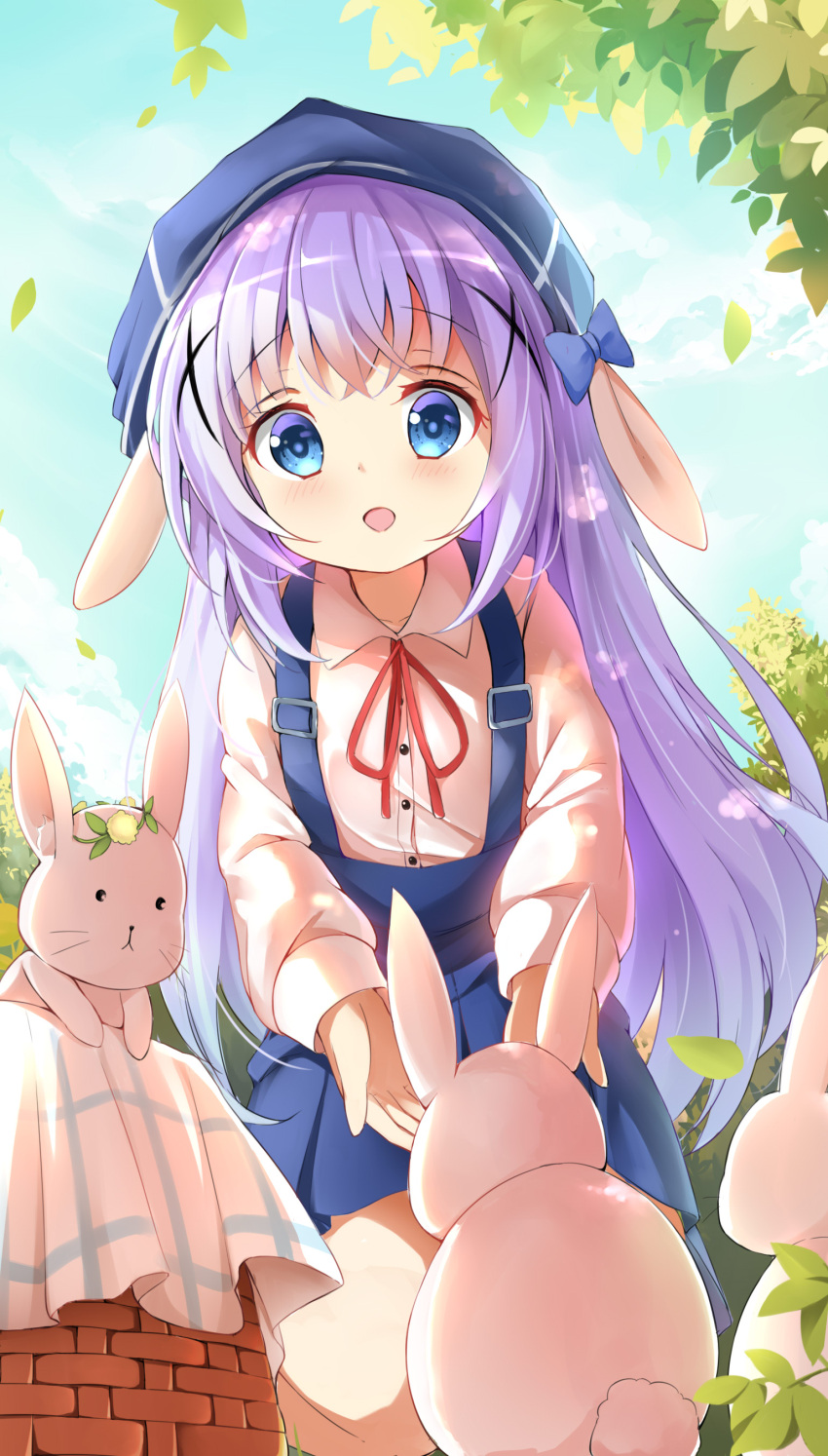 1girl absurdres animal animal_ears basket beret blue_bow blue_eyes blue_headwear blue_skirt blue_sky bow cloud collared_shirt commentary_request day dress_shirt gochuumon_wa_usagi_desu_ka? hair_ornament hat highres kafuu_chino long_hair long_sleeves neck_ribbon outdoors pleated_skirt puffy_long_sleeves puffy_sleeves purple_hair rabbit rabbit_ears red_ribbon ribbon shirt skirt sky sleeves_past_wrists solo stick_jitb suspender_skirt suspenders very_long_hair white_shirt x_hair_ornament