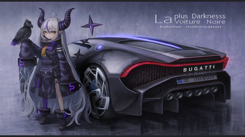 1girl absurdres animal_on_arm bird bird_on_arm black_collar black_footwear black_jacket boots braid braided_bangs bugatti bugatti_la_voiture_noire car collar cowlick crow crow_(la+_darknesss) frown grey_hair hair_behind_ear highres hololive horns jacket la+_darknesss license_plate long_hair looking_at_viewer motor_vehicle pantyhose pointy_ears purple_hair purple_pantyhose shiyo_tsubame single_leg_pantyhose sleeves_past_fingers sleeves_past_wrists solo sports_car standing vehicle_focus vehicle_name very_long_hair virtual_youtuber