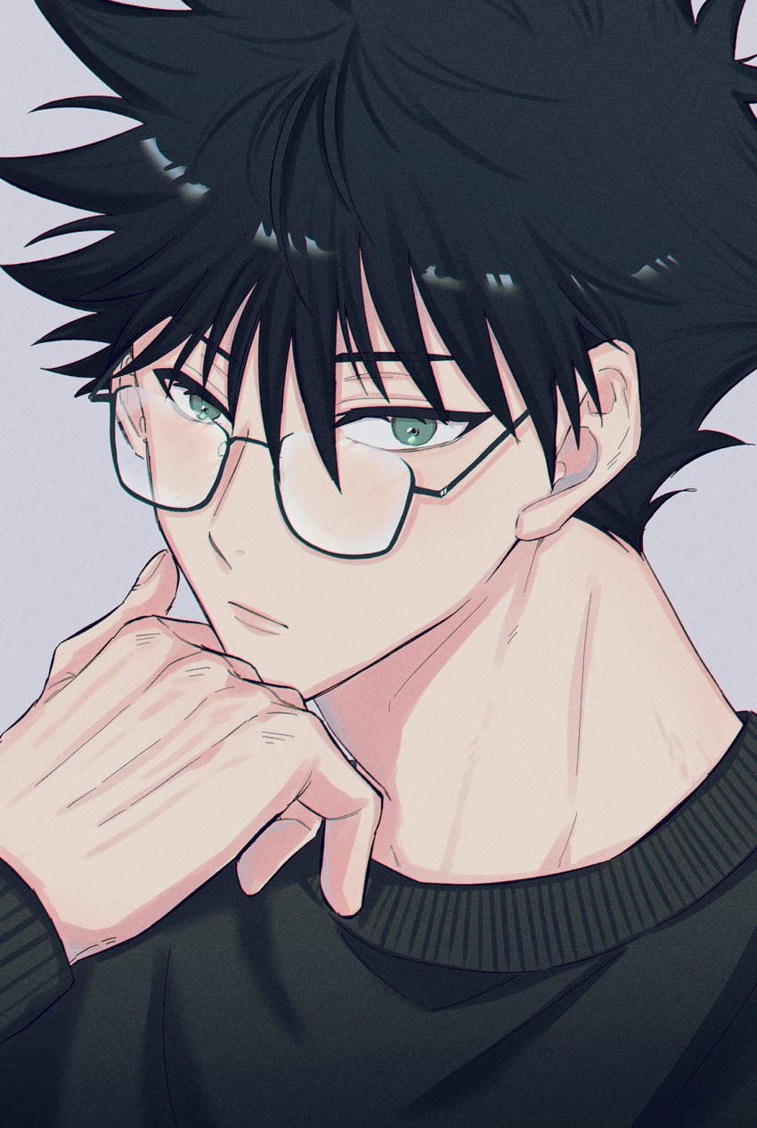 1boy black_hair black_sweater closed_mouth fushiguro_megumi fushirun_rung glasses green_eyes hand_on_own_chin highres jujutsu_kaisen korean_commentary long_sleeves looking_to_the_side male_focus short_hair simple_background solo spiked_hair sweater thinking