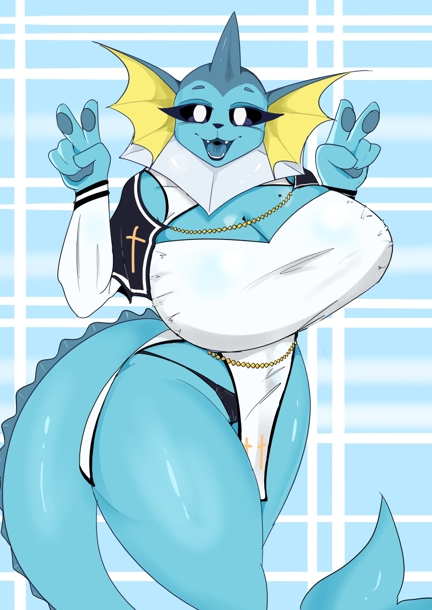 absurd_res anthro big_breasts blue_body breasts clothed clothing cross eeveelution female generation_1_pokemon hi_res huge_breasts jewelry killer._ez looking_at_viewer necklace nintendo nun_outfit open_mouth pokemon pokemon_(species) pokemorph solo thick_thighs underwear vaporeon