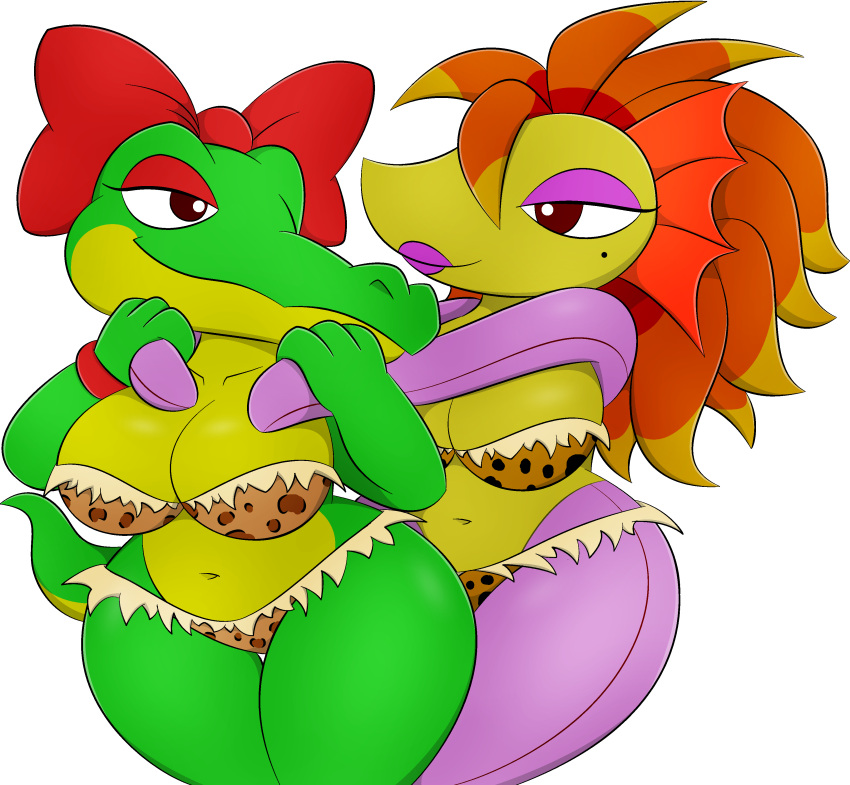 2022 absurd_res alligator alligatorid anthro bow_tie breasts clothing cro_funky crocodilian digital_drawing_(artwork) digital_media_(artwork) duo female green_body hi_res looking_at_another narrowed_eyes panties reptile scalie standing the_first_funky_fighter thick_thighs underwear zinzoa