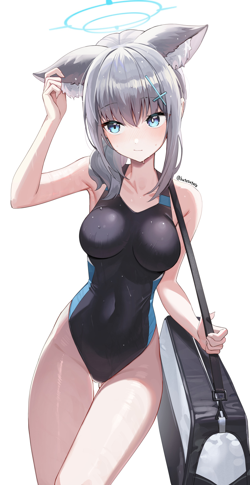 1girl absurdres animal_ear_fluff animal_ears black_one-piece_swimsuit blue_archive blue_eyes blue_halo breasts commentary competition_swimsuit covered_navel cross cross_hair_ornament extra_ears grey_hair hair_ornament halo highleg highleg_swimsuit highres hutosutoro inverted_cross medium_breasts medium_hair mismatched_pupils multicolored_clothes multicolored_swimsuit official_alternate_costume one-piece_swimsuit shiroko_(blue_archive) shiroko_(swimsuit)_(blue_archive) simple_background solo swimsuit two-tone_swimsuit wet wet_clothes wet_swimsuit white_background wolf_ears