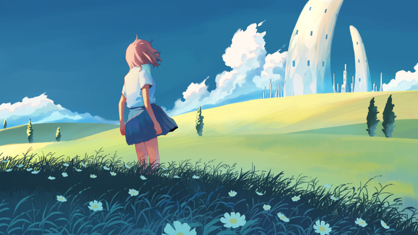 1girl brown_hair building cloud daisy day facing_away fantasy flower grass highres hill original outdoors pleated_skirt shirt shirt_tucked_in short_hair skirt sky solo standing taizo4282 tree white_shirt