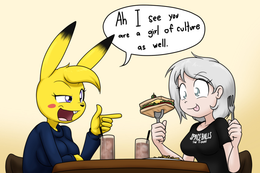 2021 ally_(sandwich-anomaly) anthro beverage big_breasts blonde_hair breasts buckteeth cadia_(sandwich-anomaly) cutlery dialogue digital_drawing_(artwork) digital_media_(artwork) duo english_text eyelashes female fingers food fork fries fur generation_1_pokemon grey_eyes grey_hair hair human kitchen_utensils licking licking_lips light-skinned_male light_body light_skin long_sleeve_shirt mammal nintendo open_mouth pikachu pokemon pokemon_(species) purple_eyes sandwich-anomaly sandwich_(food) short_hair simple_background sitting smile spoon teeth text tongue tongue_out tools yellow_body yellow_fur