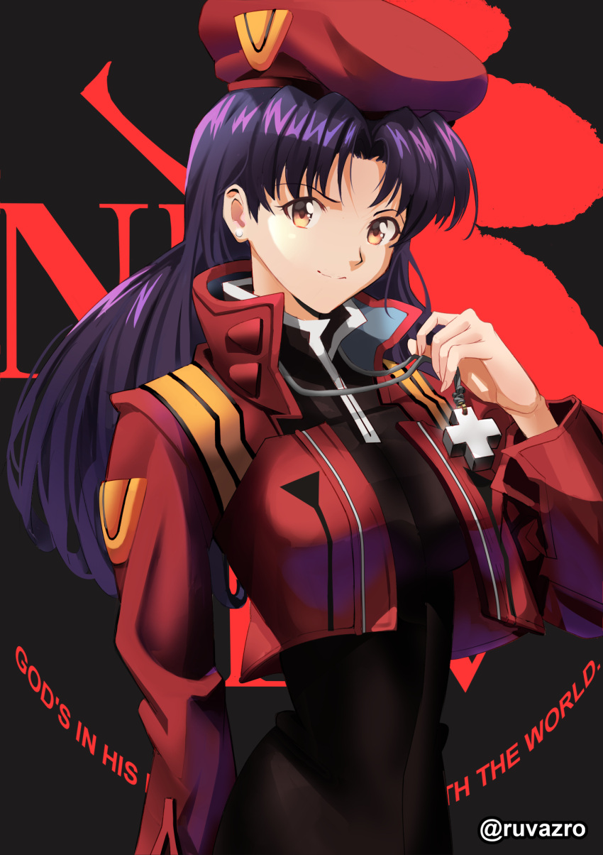 beret brown_eyes cross cross_necklace dress earrings hat highres jacket jewelry katsuragi_misato long_hair looking_at_viewer necklace neon_genesis_evangelion purple_hair red_jacket ruvazro smile