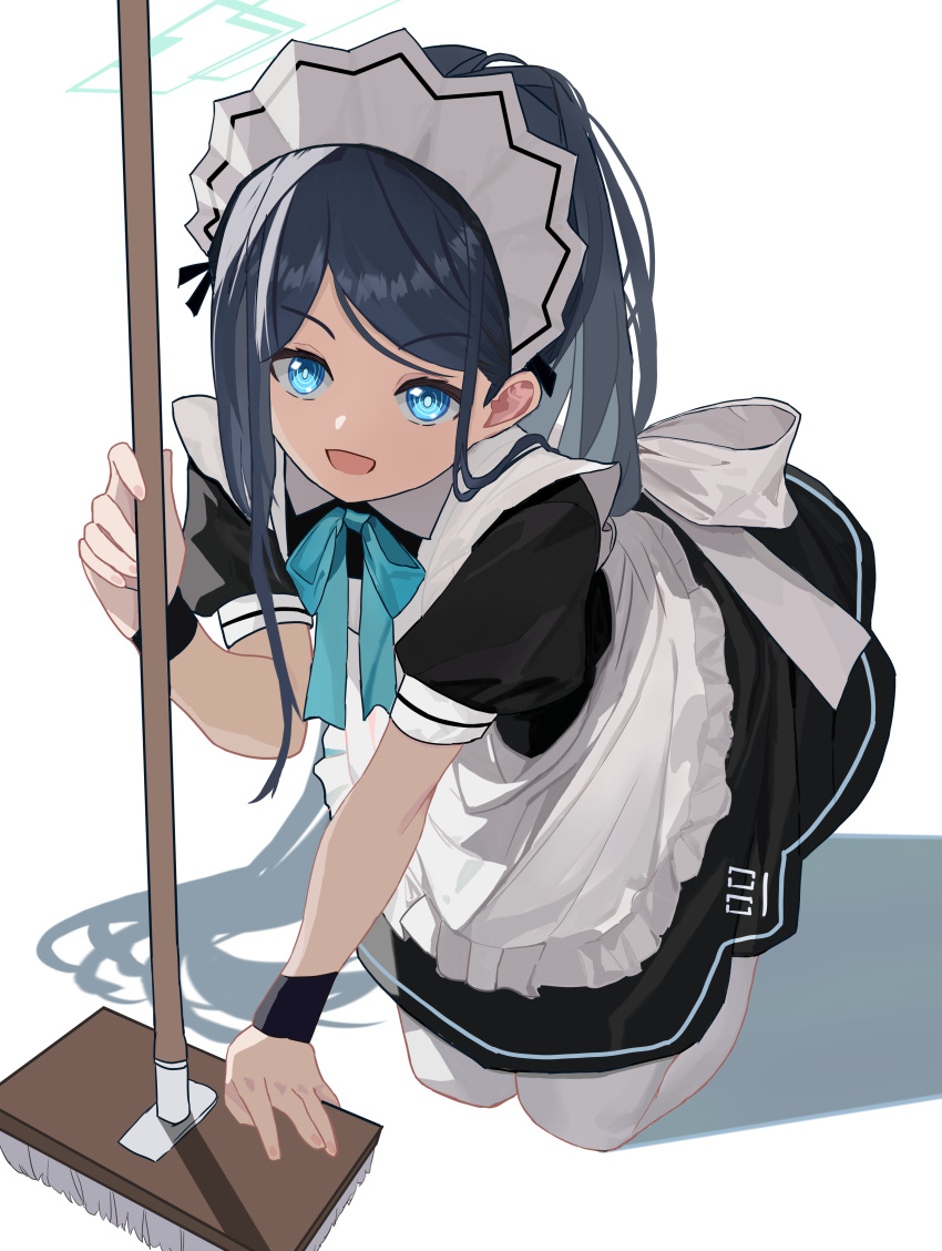 1girl absurdres apron aris_(blue_archive) aris_(maid)_(blue_archive) between_legs black_dress black_hair blue_archive blue_bow blue_bowtie blue_eyes borrowed_clothes bow bowtie broom chinese_commentary commentary dress frilled_apron frilled_dress frills green_halo halo hand_between_legs highres long_hair looking_at_viewer maid maid_apron maid_headdress number_print official_alternate_costume open_mouth parted_bangs ponytail puffy_short_sleeves puffy_sleeves seiza short_sleeves side_ponytail simple_background sitting smile solo teeth upper_teeth_only uroam very_long_hair white_apron white_background
