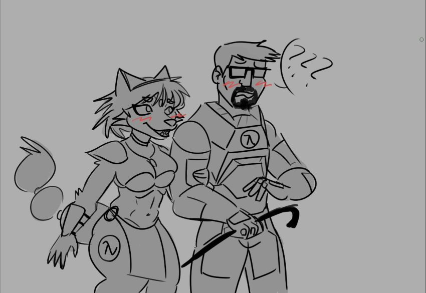 anthro armor blush canid canine clothed clothing crossover crowbar digital_media_(artwork) duo eyewear female fox fur glasses gordon_freeman hair half-life holding_arm holding_object human krystal machine male mammal nintendo power_armor simple_background smile star_fox stuupeezart tools valve