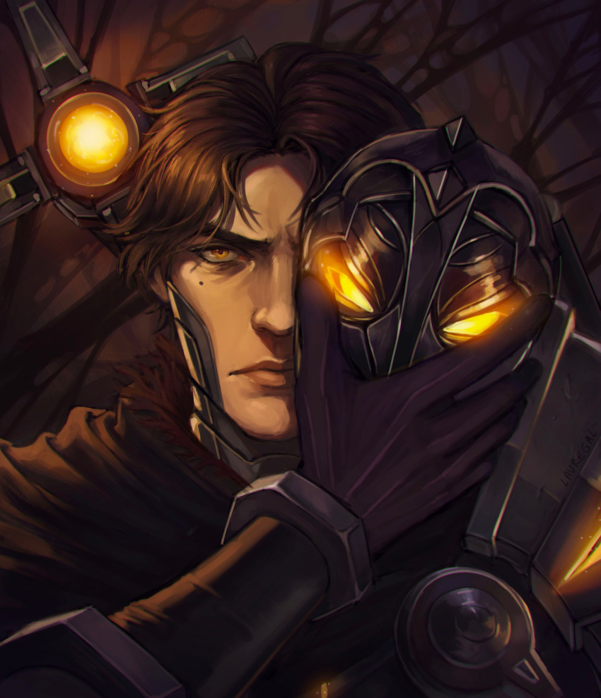 1boy absurdres arcane:_league_of_legends black_gloves brown_hair cyborg gloves glowing highres holding holding_mask lauregal league_of_legends male_focus mask mask_removed mole mole_under_eye outdoors portrait solo viktor_(league_of_legends) yellow_eyes