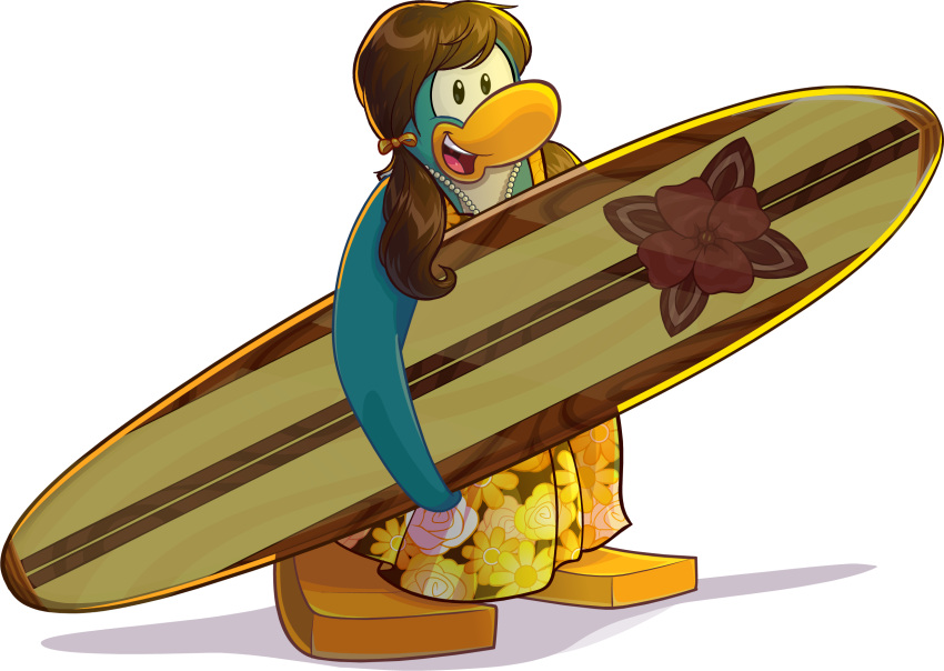 alpha_channel avian bird brown_hair clothing club_penguin dress female floral_dress full-length_portrait hair hi_res jewelry long_hair looking_at_viewer mckenzie_(club_penguin) necklace official_art open_mouth orange_clothing orange_dress penguin pigtails portrait solo surfboard unknown_artist upper_teeth_only