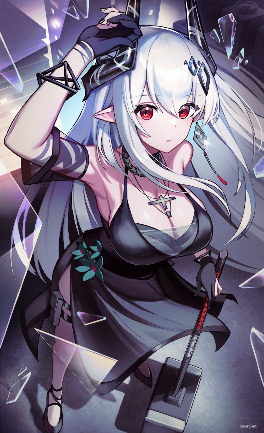 1girl absurdres arknights black_dress breasts broken_glass cleavage dress earrings glass gloves highres horns jewelry large_breasts long_hair mudrock_(arknights) mudrock_(obsidian)_(arknights) partially_fingerless_gloves pendant pointy_ears psidubs red_eyes single_earring thigh_pouch war_hammer weapon white_hair