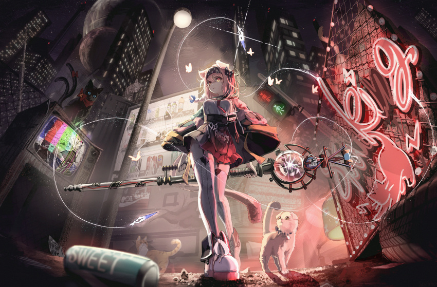 1girl :&lt; absurdres animal_ears arknights black_headband breasts bug butterfly can cat cat_ears chain-link_fence commentary drone english_commentary fence goldenglow_(arknights) headband highres holding holding_staff iasimo lamppost large_breasts layered_skirt lightning_bolt_print looking_at_viewer necktie neon_lights night night_sky outdoors pink_hair pink_thighhighs red_necktie red_skirt shirt shoes short_hair skirt sky sneakers soda_can solo staff television thighhighs vending_machine white_footwear white_shirt yellow_eyes